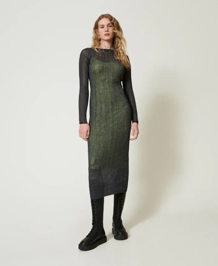 Twinset Long Dresses Fitted Ribbed Knit Long Dress Blackened Pearl Grey 8211 Clothing