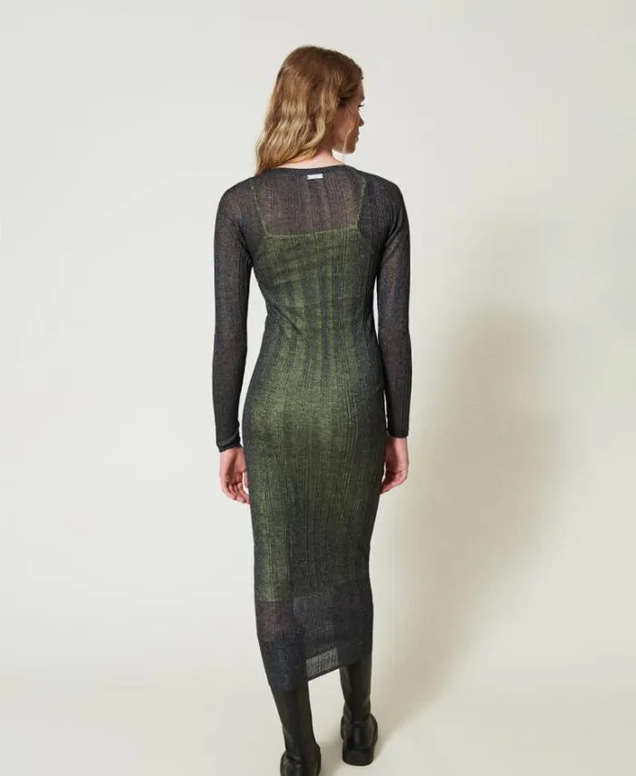 Twinset Long Dresses Fitted Ribbed Knit Long Dress Blackened Pearl Grey 8211 Clothing