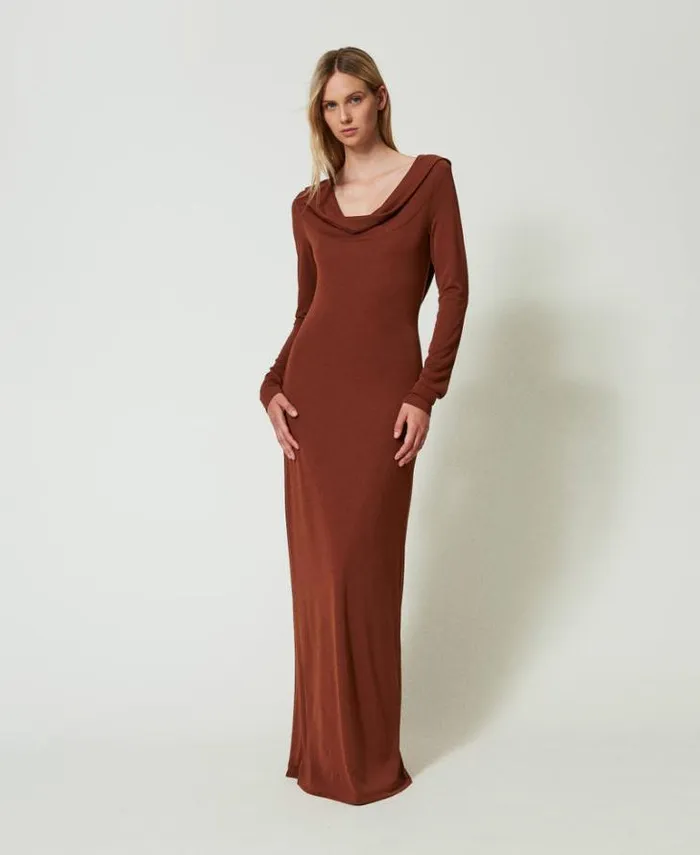 Twinset Long Dresses Long Dress With Draped Neckline Terra Senese Brown 8211 Clothing