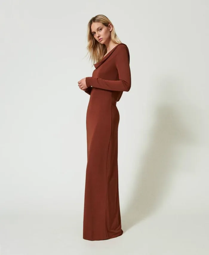 Twinset Long Dresses Long Dress With Draped Neckline Terra Senese Brown 8211 Clothing