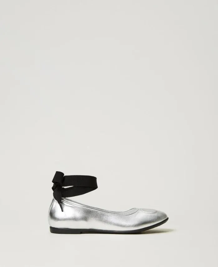 Twinset Shoes Leather Ballerina Shoes With Ribbons Silver 8211 Girl