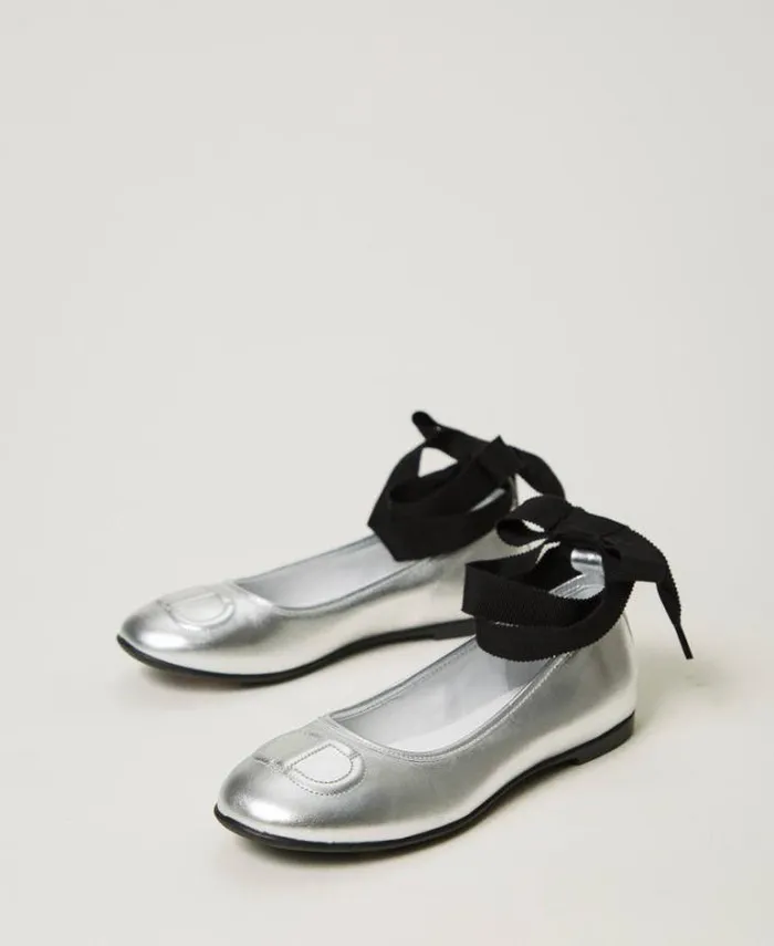 Twinset Shoes Leather Ballerina Shoes With Ribbons Silver 8211 Girl