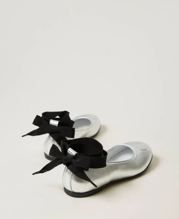 Twinset Shoes Leather Ballerina Shoes With Ribbons Silver 8211 Girl