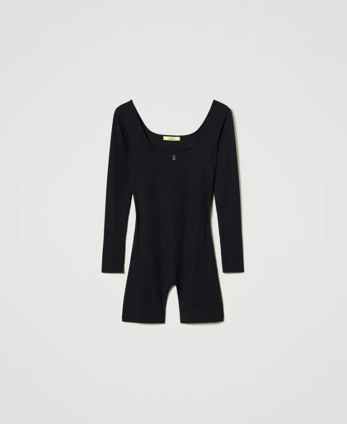 Twinset Short Dresses MYFO Short Ribbed Jumpsuit With Logo Black 8211 Clothing