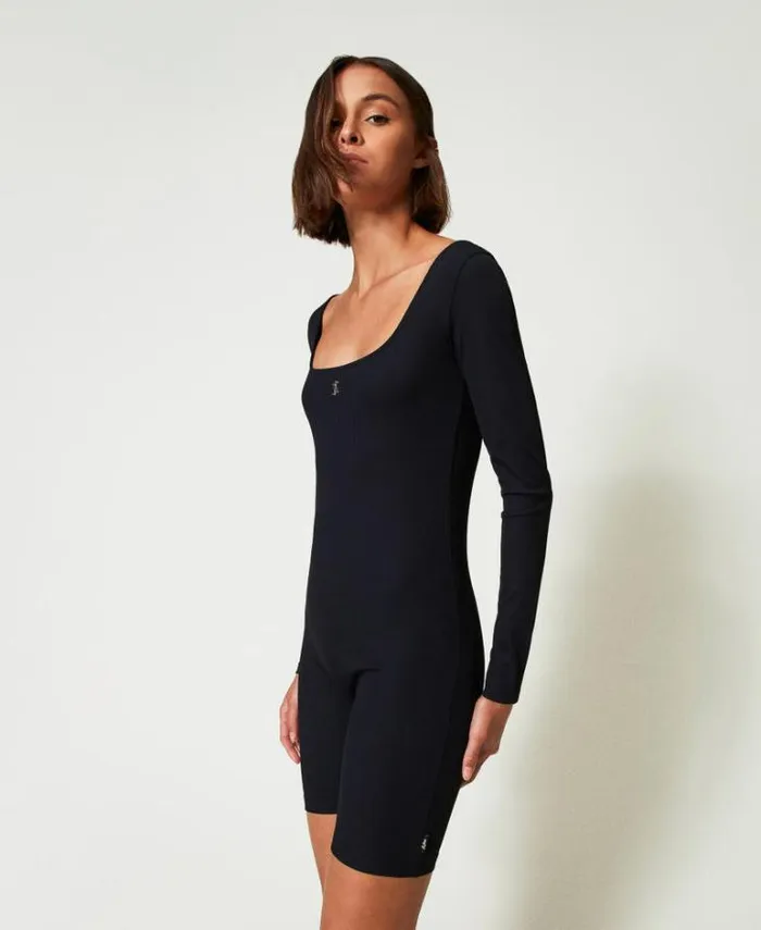 Twinset Short Dresses MYFO Short Ribbed Jumpsuit With Logo Black 8211 Clothing