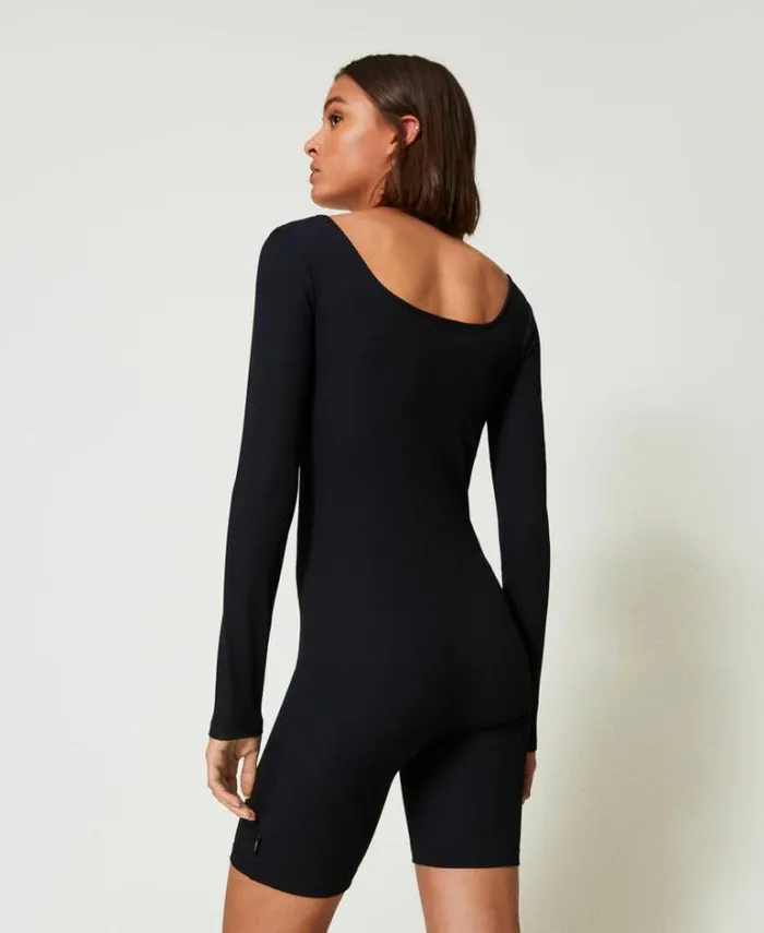 Twinset Short Dresses MYFO Short Ribbed Jumpsuit With Logo Black 8211 Clothing