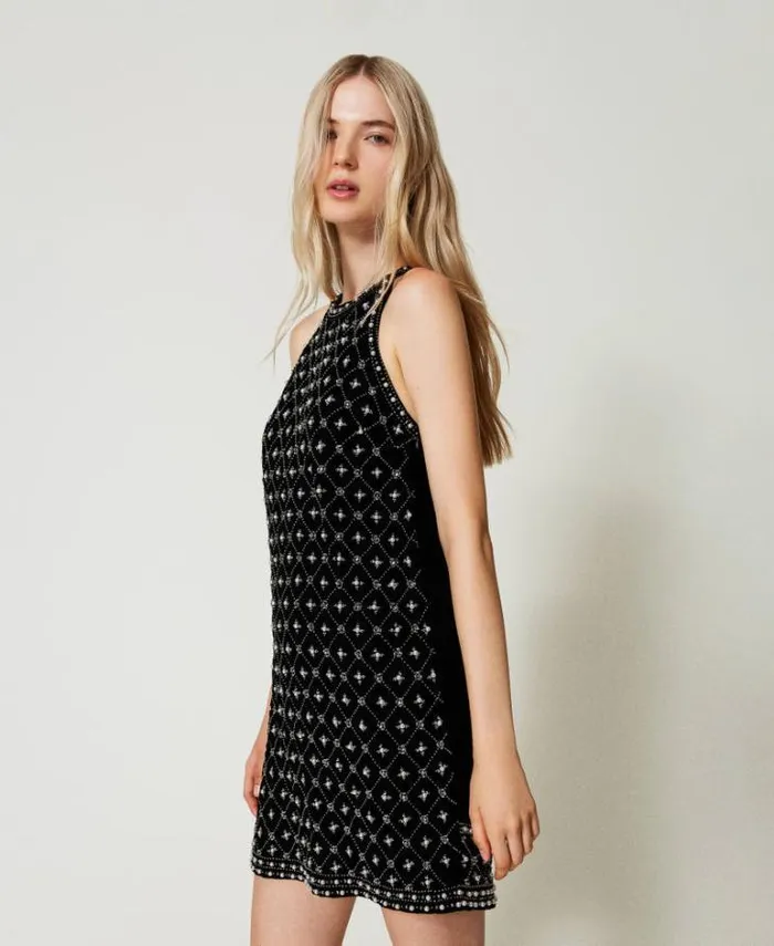 Twinset Short Dresses Short Embroidered Velvet Halter Dress Black 8211 Clothing