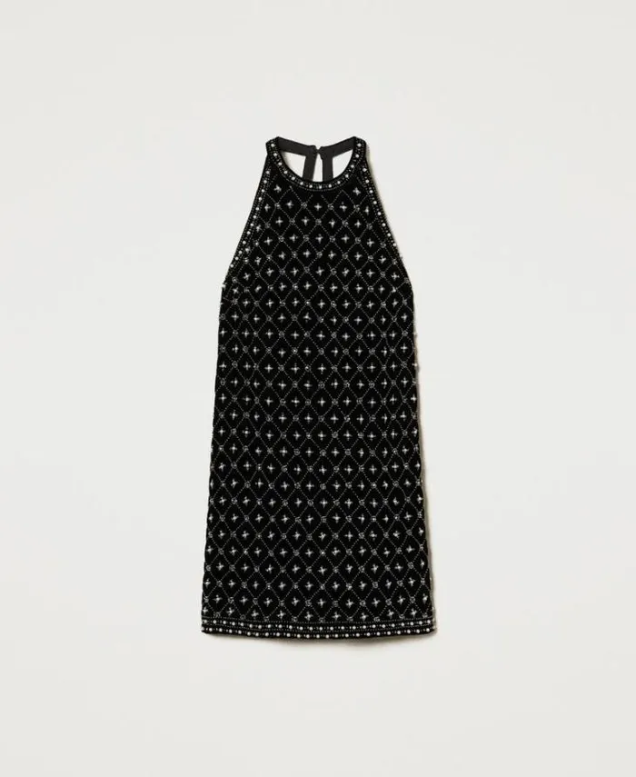 Twinset Short Dresses Short Embroidered Velvet Halter Dress Black 8211 Clothing