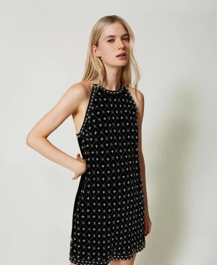 Twinset Short Dresses Short Embroidered Velvet Halter Dress Black 8211 Clothing