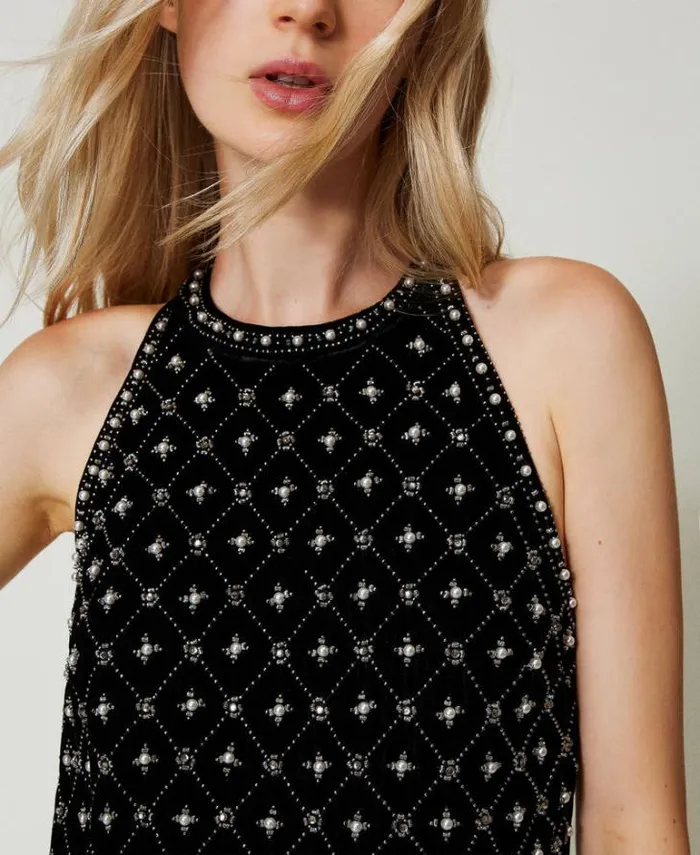 Twinset Short Dresses Short Embroidered Velvet Halter Dress Black 8211 Clothing