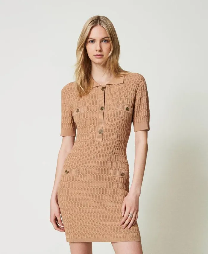 Twinset Short Dresses Short Fitted Knit Dress With Buttons Sandy Brown 8211 Clothing