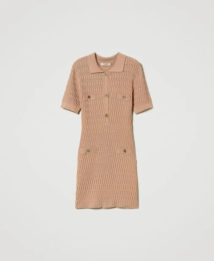 Twinset Short Dresses Short Fitted Knit Dress With Buttons Sandy Brown 8211 Clothing