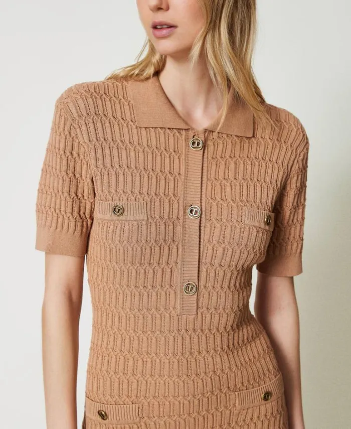 Twinset Short Dresses Short Fitted Knit Dress With Buttons Sandy Brown 8211 Clothing