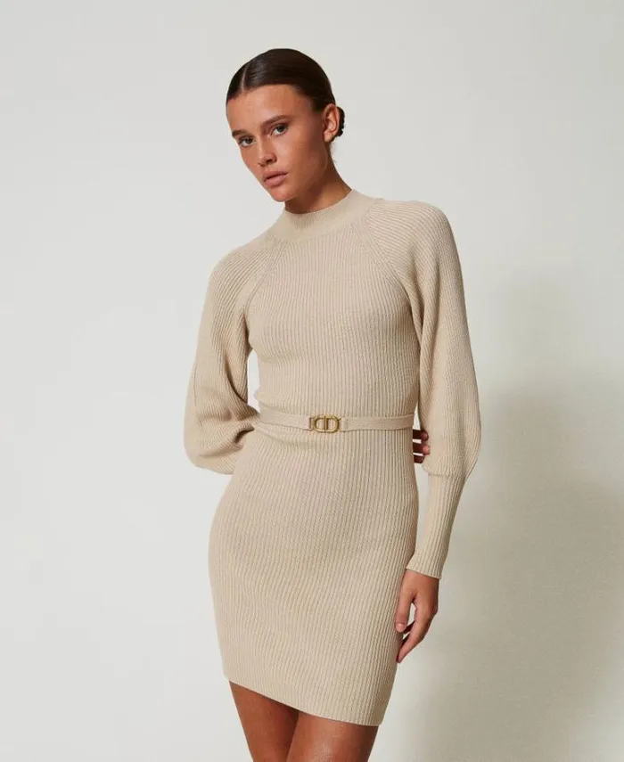 Twinset Short Dresses Short Ribbed Knit Dress With Belt White Cream 8211 Clothing