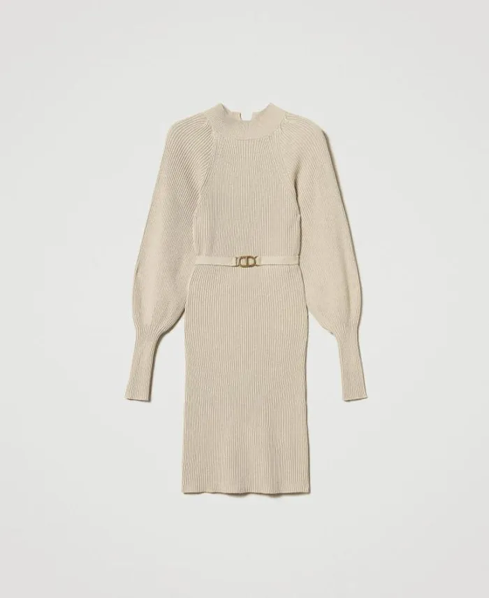 Twinset Short Dresses Short Ribbed Knit Dress With Belt White Cream 8211 Clothing