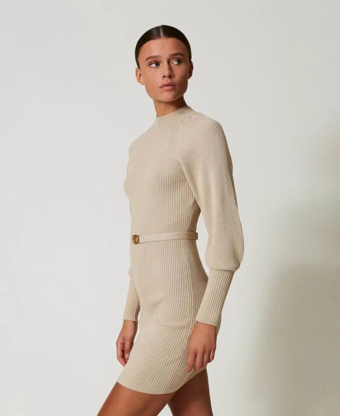 Twinset Short Dresses Short Ribbed Knit Dress With Belt White Cream 8211 Clothing