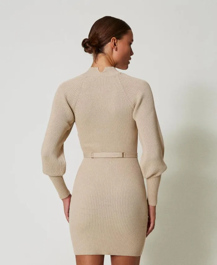 Twinset Short Dresses Short Ribbed Knit Dress With Belt White Cream 8211 Clothing