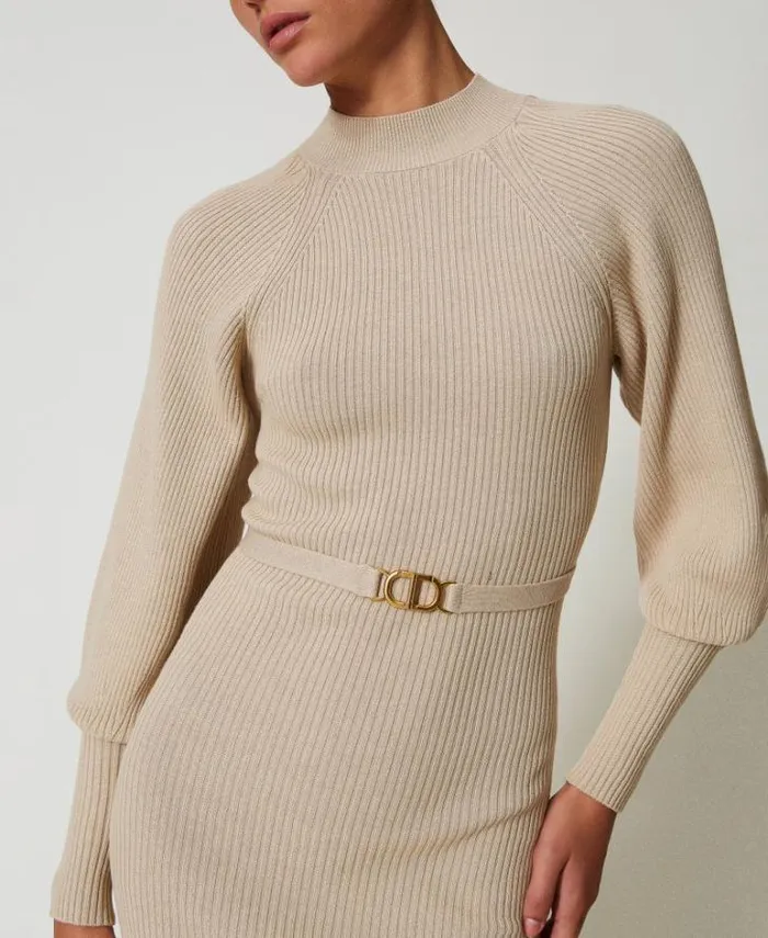 Twinset Short Dresses Short Ribbed Knit Dress With Belt White Cream 8211 Clothing
