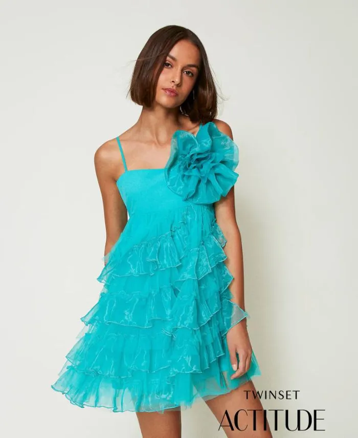 Twinset Short Dresses Short Tulle And Organza Dress Tropical Emerald Green 8211 Clothing