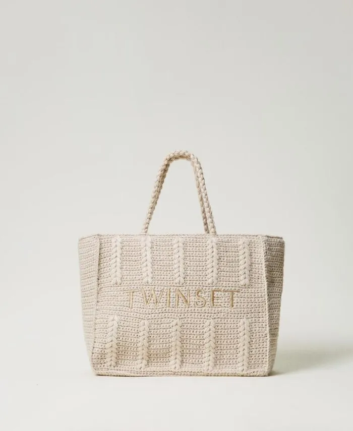 Twinset Shoulder Bags 039Bohmienne039 Tricot Shopper Bag With Logo White Cream 8211 Bags Twinset Shoulder Bags 039Bohmienne039 Tricot Shopper Bag With Logo White Cream 8211 Bags