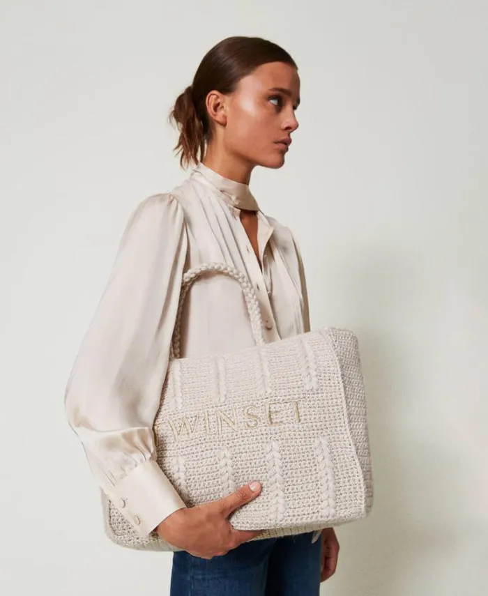 Twinset Shoulder Bags 039Bohmienne039 Tricot Shopper Bag With Logo White Cream 8211 Bags