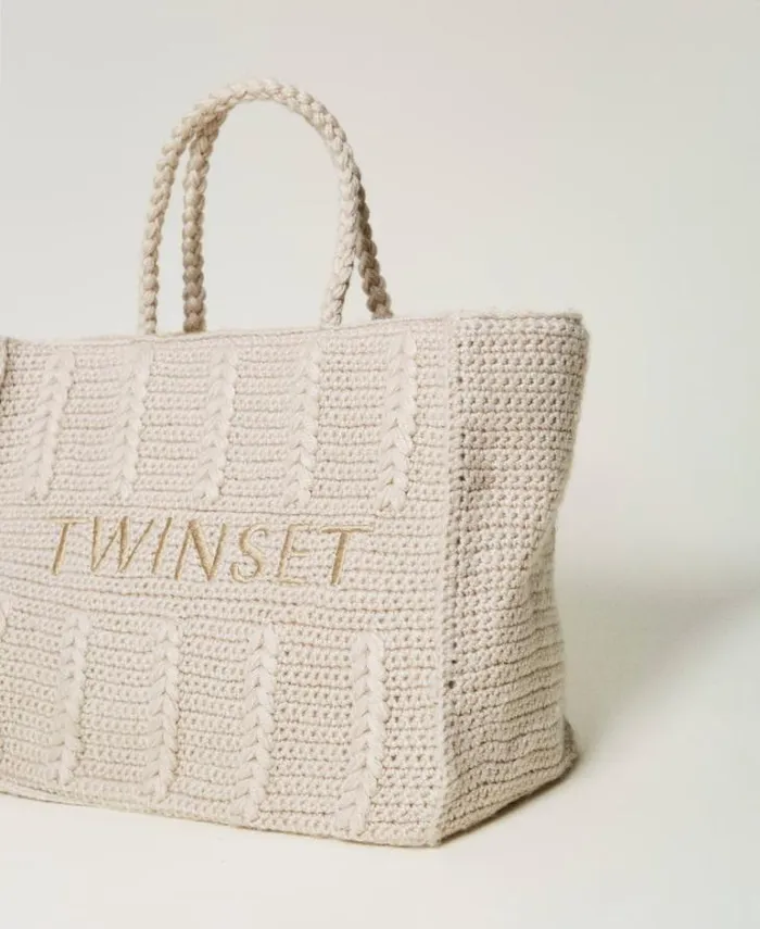 Twinset Shoulder Bags 039Bohmienne039 Tricot Shopper Bag With Logo White Cream 8211 Bags