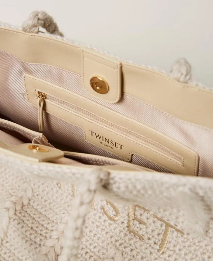 Twinset Shoulder Bags 039Bohmienne039 Tricot Shopper Bag With Logo White Cream 8211 Bags
