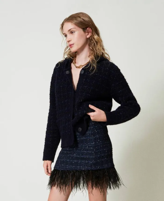 Twinset Skirts Boucl Miniskirt With Feathers Blue Denim Black Bouclegrave 8211 Clothing