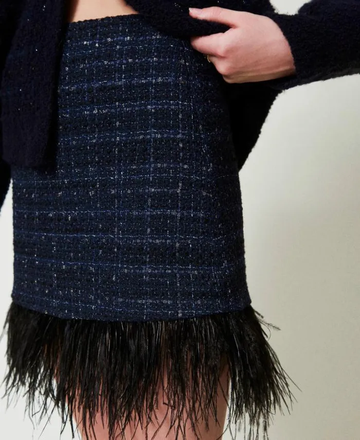 Twinset Skirts Boucl Miniskirt With Feathers Blue Denim Black Bouclegrave 8211 Clothing