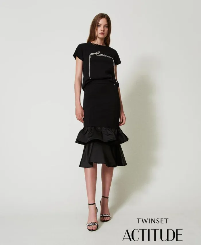 Twinset Skirts Midi Skirt With Satin Flounces Black 8211 Clothing