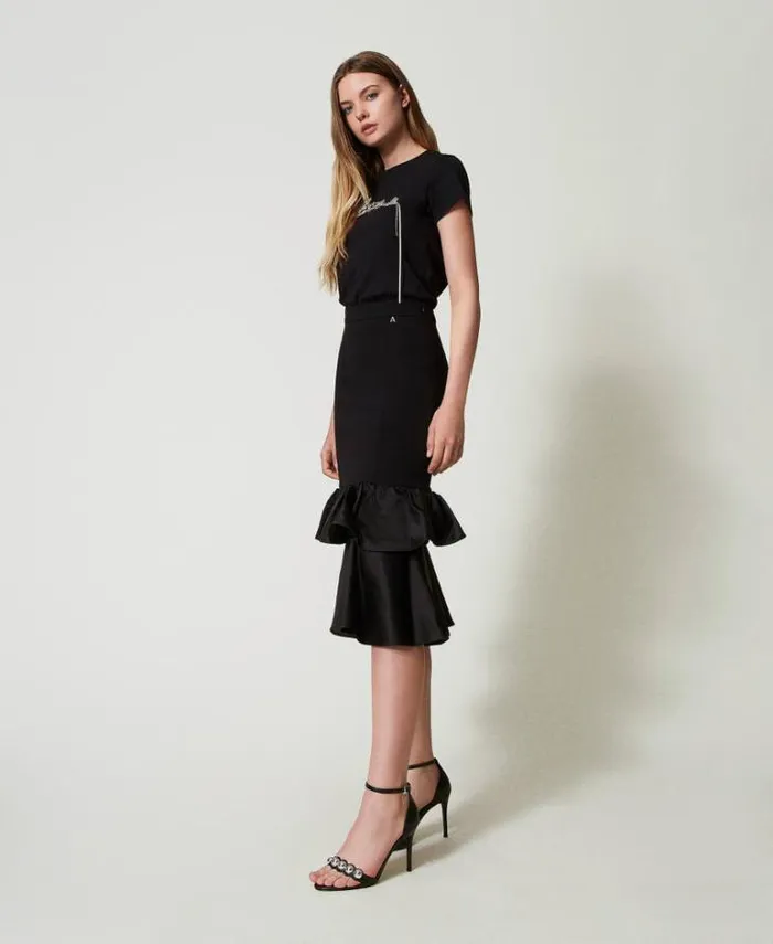 Twinset Skirts Midi Skirt With Satin Flounces Black 8211 Clothing