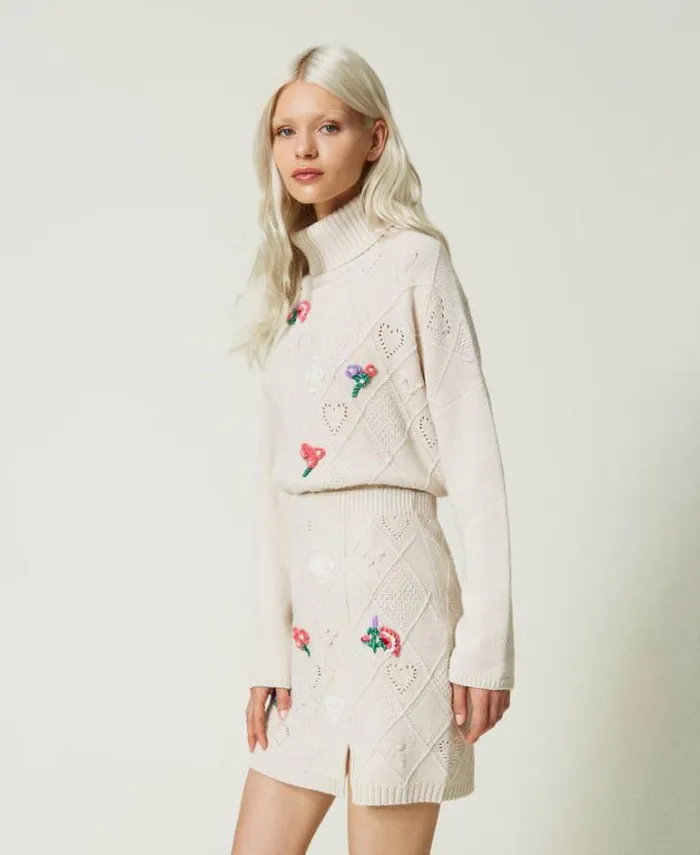 Twinset Skirts Treeblend Yarn Miniskirt With Handmade Embroidery Pale Cream 8211 Clothing