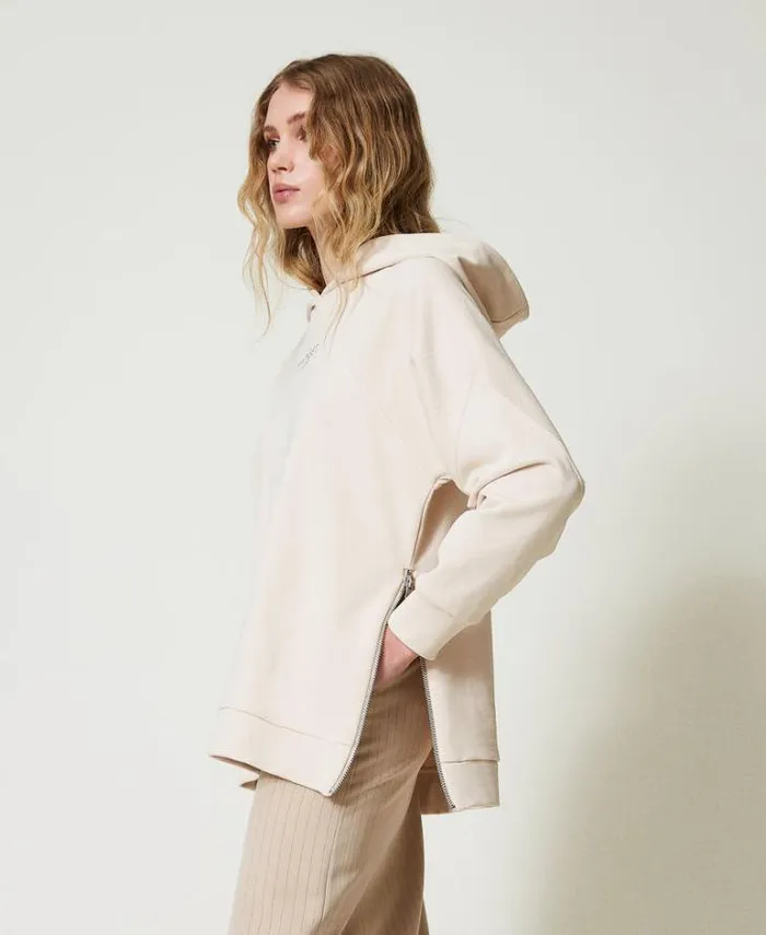 Twinset Sweatshirts Maxi Hoodie With Logo Old White 8211 Clothing