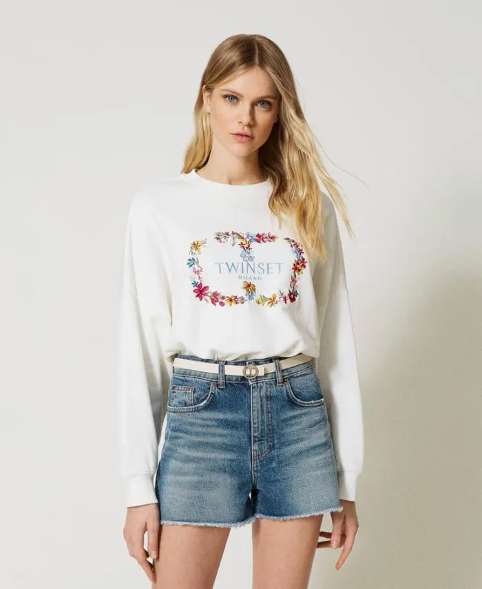 Twinset Sweatshirts Sweatshirt With Floral Oval T Logo Antique White 8211 Clothing