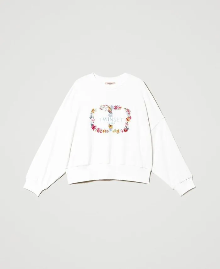 Twinset Sweatshirts Sweatshirt With Floral Oval T Logo Antique White 8211 Clothing