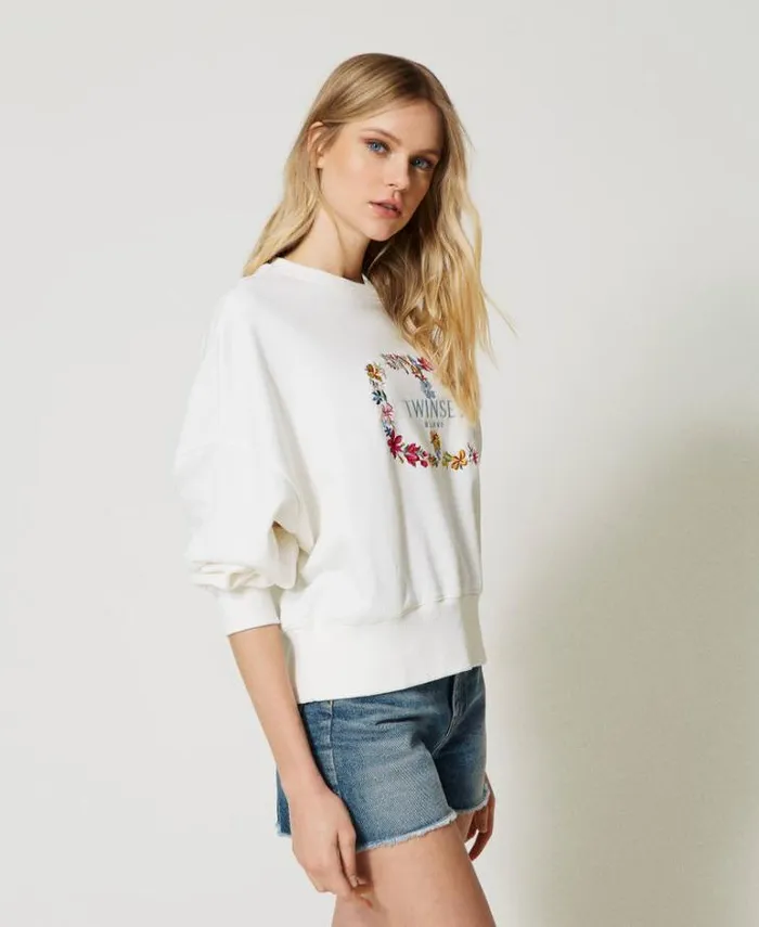 Twinset Sweatshirts Sweatshirt With Floral Oval T Logo Antique White 8211 Clothing