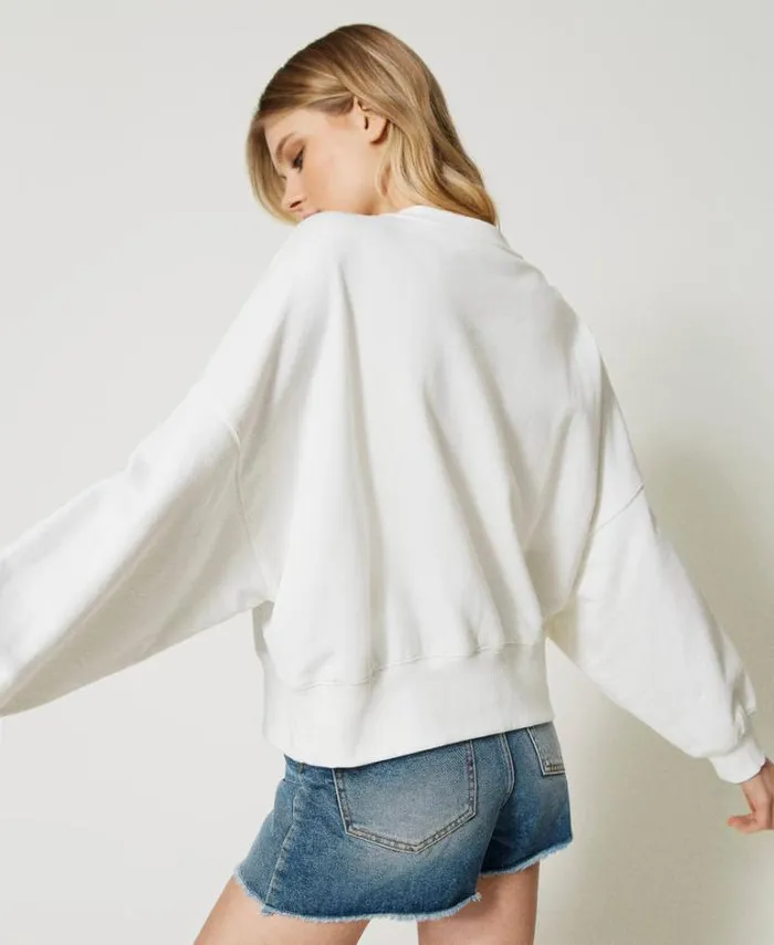 Twinset Sweatshirts Sweatshirt With Floral Oval T Logo Antique White 8211 Clothing