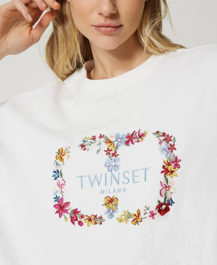Twinset Sweatshirts Sweatshirt With Floral Oval T Logo Antique White 8211 Clothing