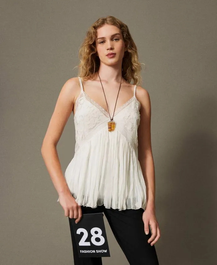 Twinset TShirts And Tops Creponne And Tulle Top Butter Cookie White 8211 Clothing