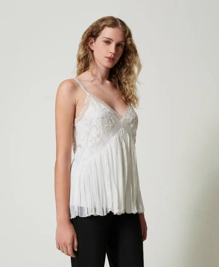 Twinset TShirts And Tops Creponne And Tulle Top Butter Cookie White 8211 Clothing