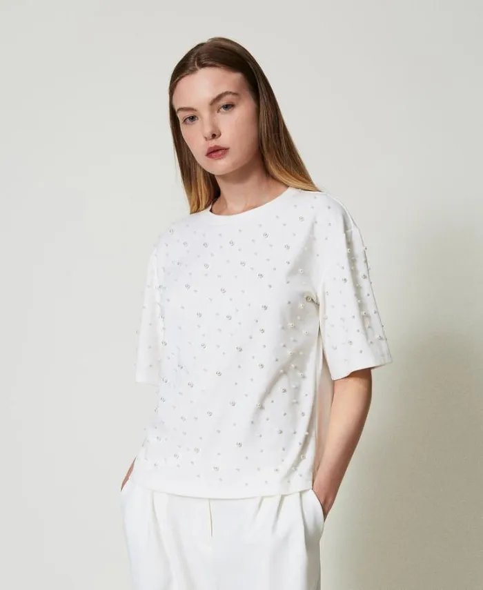Twinset TShirts And Tops Tshirt With Pearls Antique White 8211 Clothing