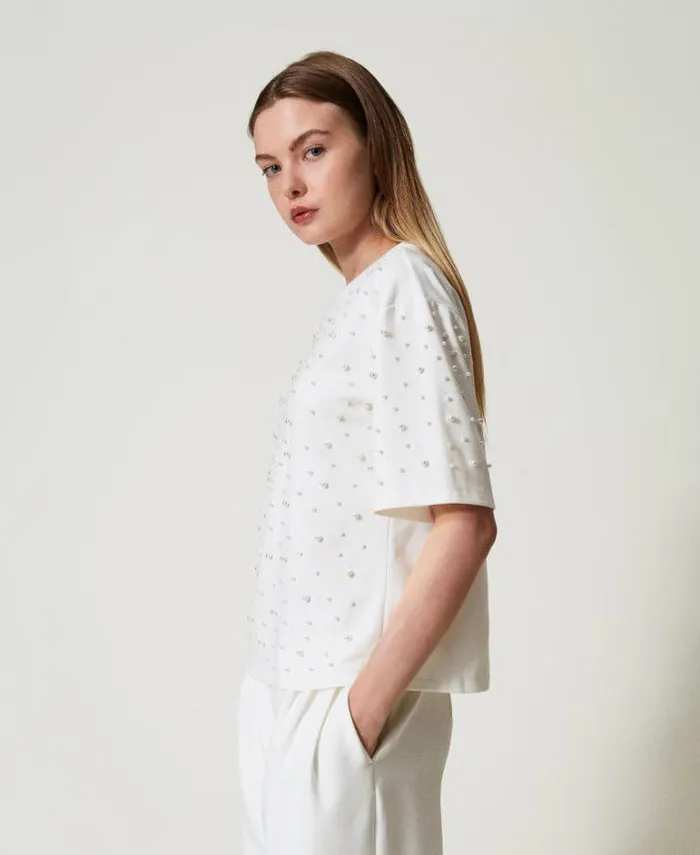 Twinset TShirts And Tops Tshirt With Pearls Antique White 8211 Clothing