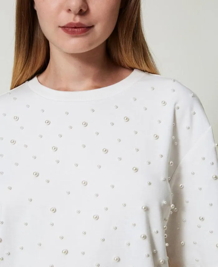 Twinset TShirts And Tops Tshirt With Pearls Antique White 8211 Clothing