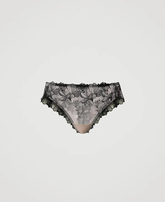 Twinset Underwear And Nightwear Embroidered Tulle Brazilian Briefs Twotone Wonder Beige Black 8211 Clothing