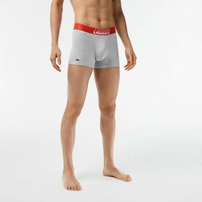 Underwear and Socks Men Lacoste Mens 3Pack Stretch Cotton Printed Trunks Orange Grey Chine White Tti