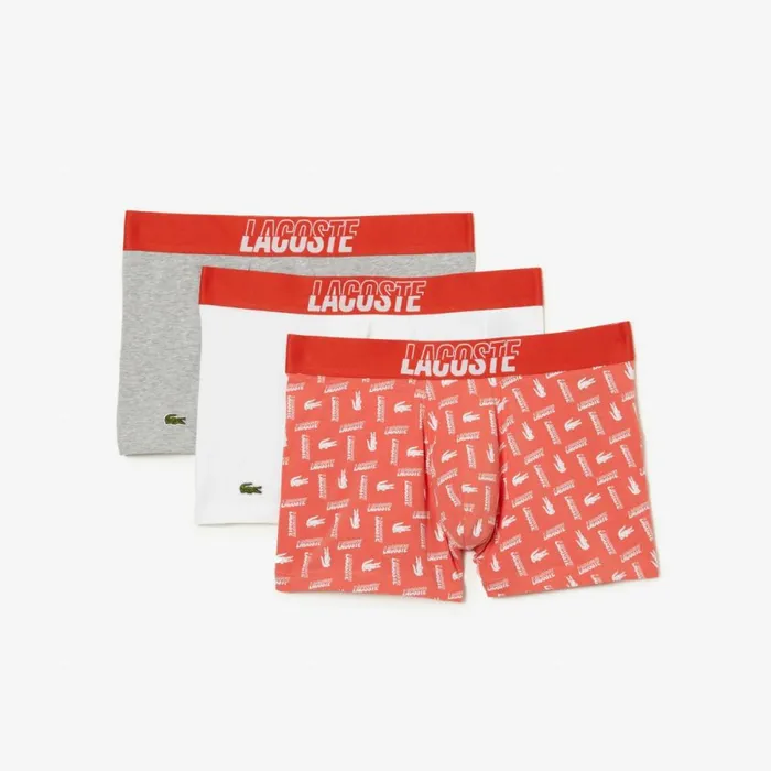 Underwear and Socks Men Lacoste Mens 3Pack Stretch Cotton Printed Trunks Orange Grey Chine White Tti