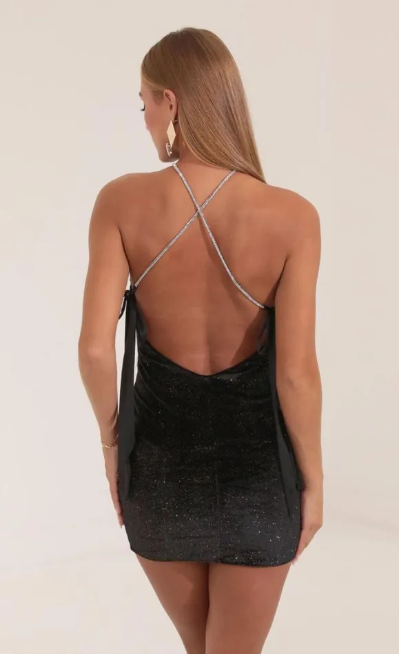 Velvet Glitter Halter Dress Black Women LUCY IN THE SKY Mini Dresses