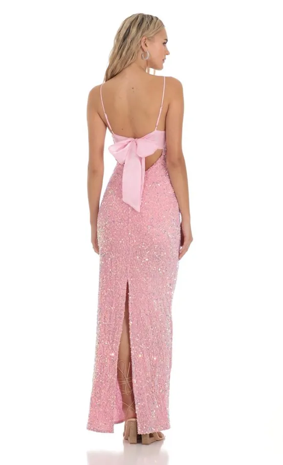 Velvet Sequin Back Bow Maxi Dress Pink Women LUCY IN THE SKY Maxi Dresses