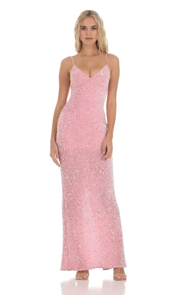 Velvet Sequin Back Bow Maxi Dress Pink Women LUCY IN THE SKY Maxi Dresses Velvet Sequin Back Bow Maxi Dress Pink Women LUCY IN THE SKY Maxi Dresses