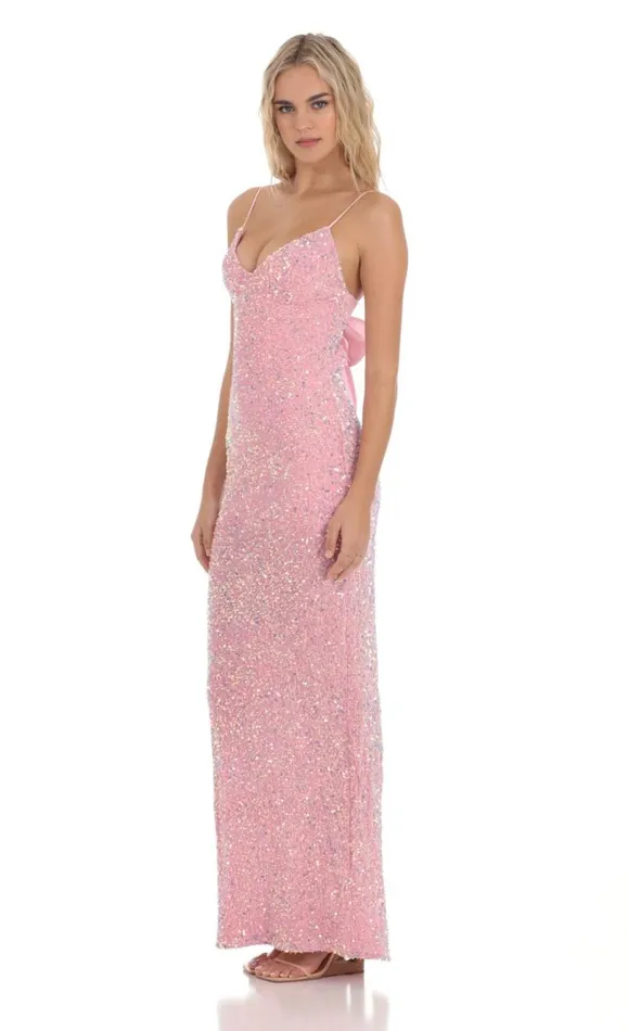 Velvet Sequin Back Bow Maxi Dress Pink Women LUCY IN THE SKY Maxi Dresses Velvet Sequin Back Bow Maxi Dress Pink Women LUCY IN THE SKY Maxi Dresses